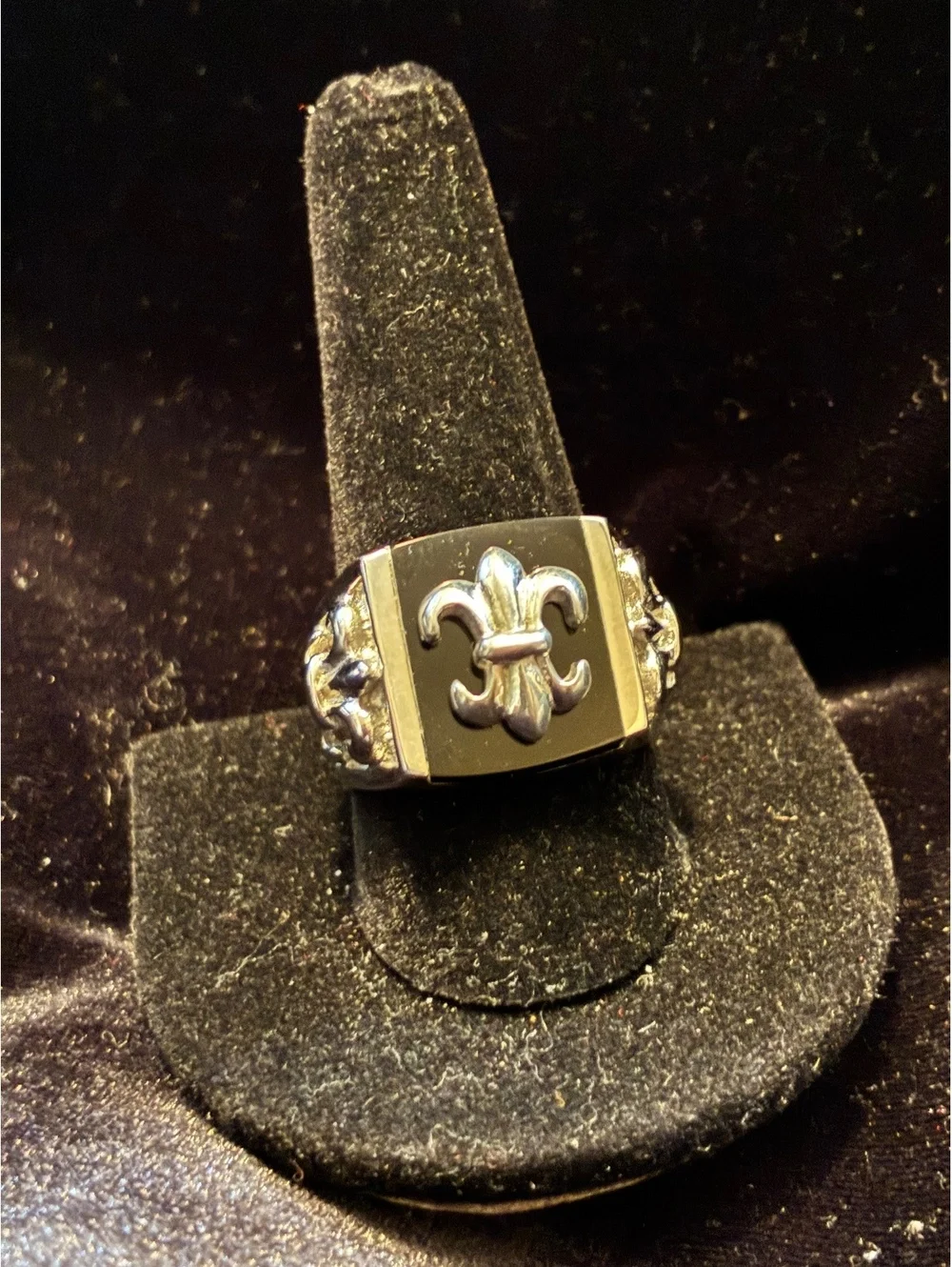 Men’s Stainless Steel Fleur-De-Lis Black Onyx Signet Statement Ring - Size 10